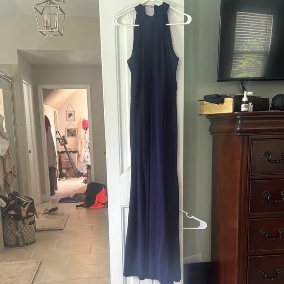 Elegant Navy Blue halter fitting Evening Gown - Picture 4 of 5